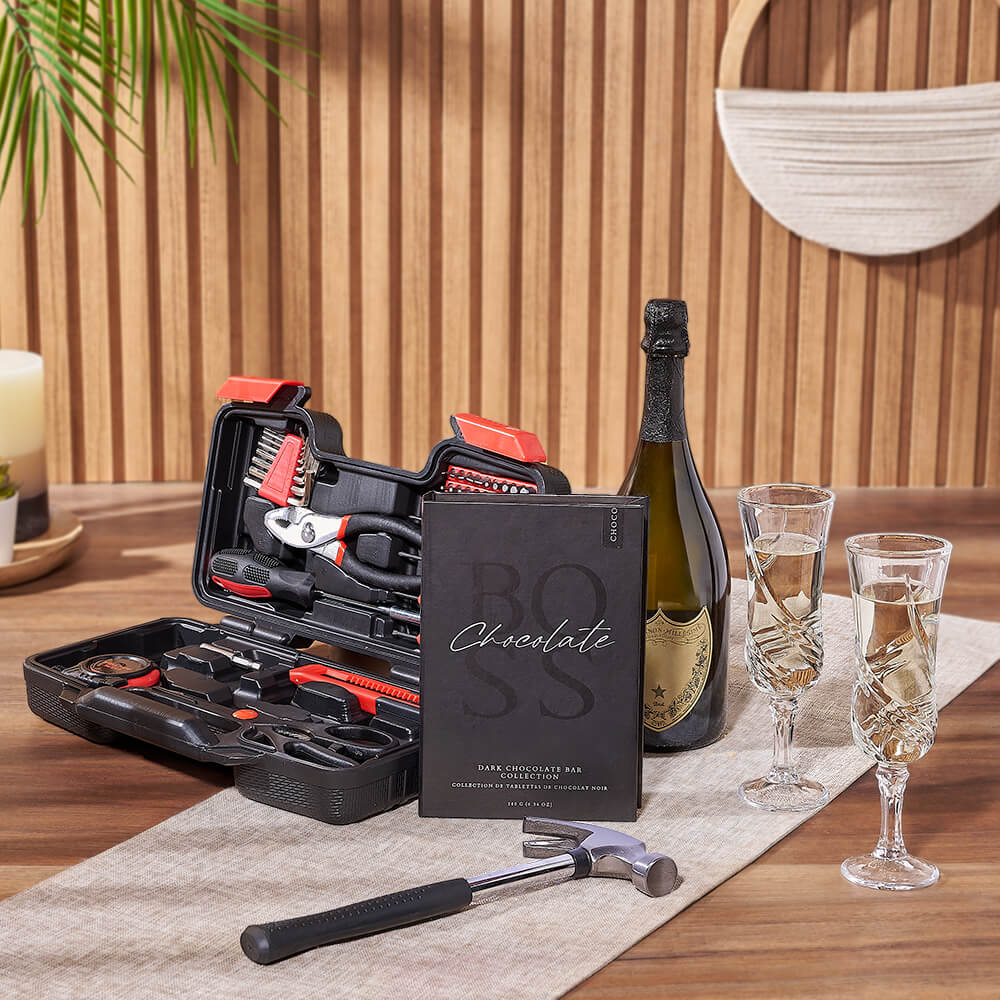 Sensible Champagne &amp; Tool Gift, champagne gift, champagne, sparkling wine gift, sparkling wine, chocolate gift, chocolate, tool gift, tools, Chicago delivery