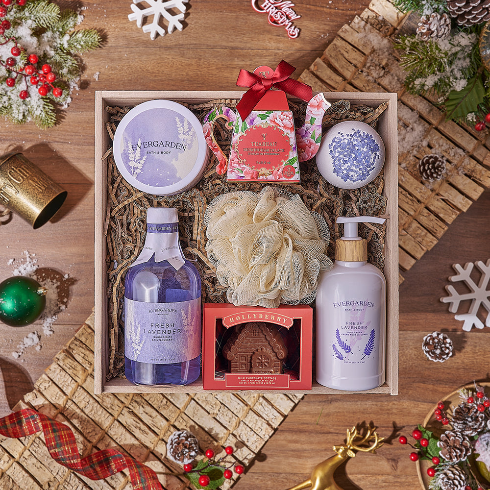 Serene Christmas Gift Box, chocolate gift, chocolate, Christmas gift, Christmas, tea gift, tea, spa gift, spa, bath gift, bath, Chicago delivery