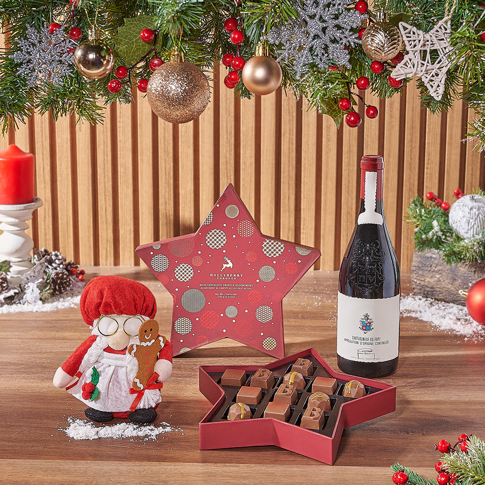Luxury Wine & Chocolate Truffles Holiday Gift Basket with Plush Star Box – how the gift is presented