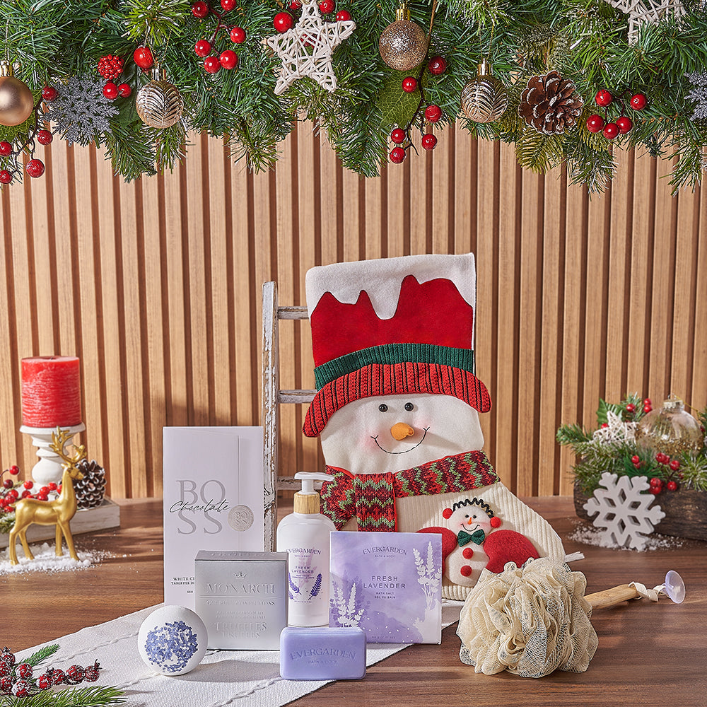 Snowman Spa Stocking Gift Set, spa gift, spa, chocolate gift, chocolate, christmas gift, christmas, Chicago delivery