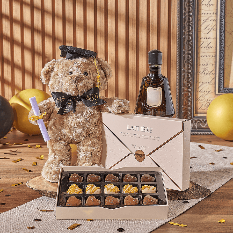 Spirits & Graduate Bear Gift, liquor gift, liquor, chocolate gift, chocolate, plush gift, plush, graduation gift, graduation, Chicago delivery
