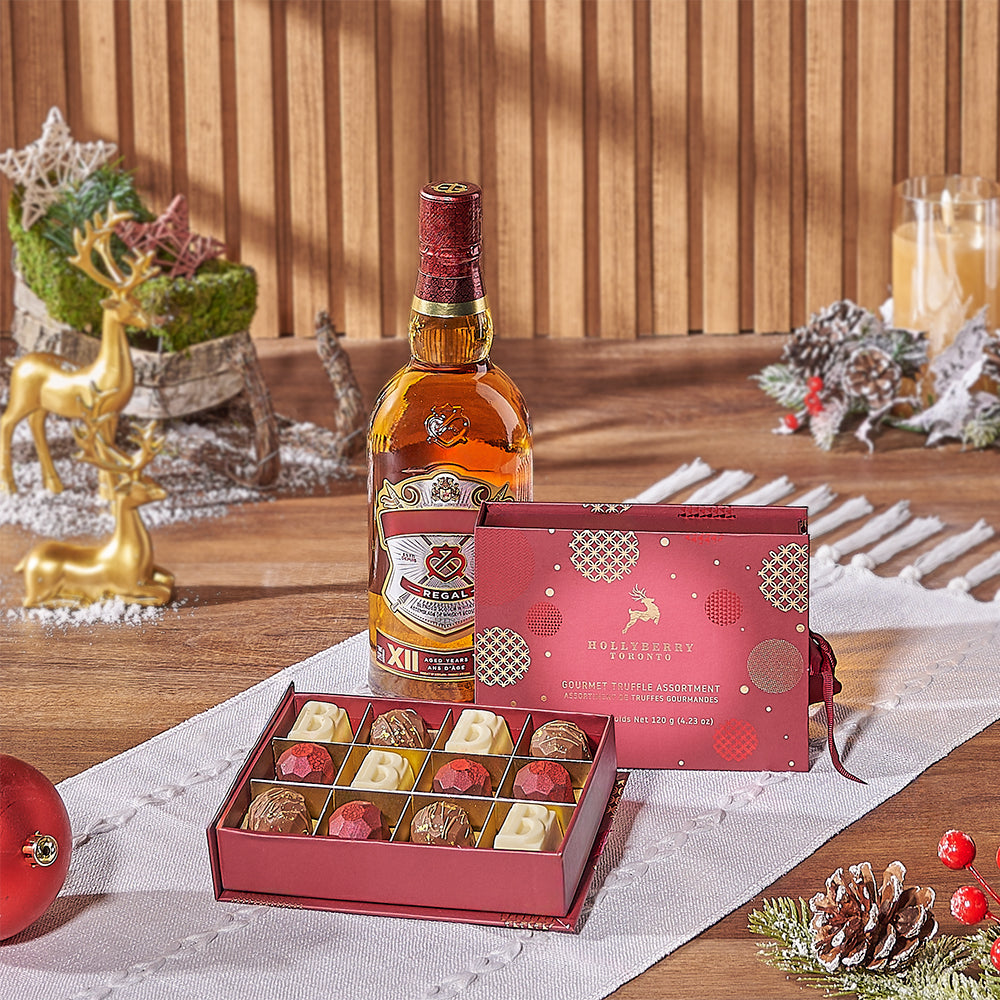 Premium Liquor Gift Set with 12 Hollyberry Chocolate Truffles – how the gift is presented