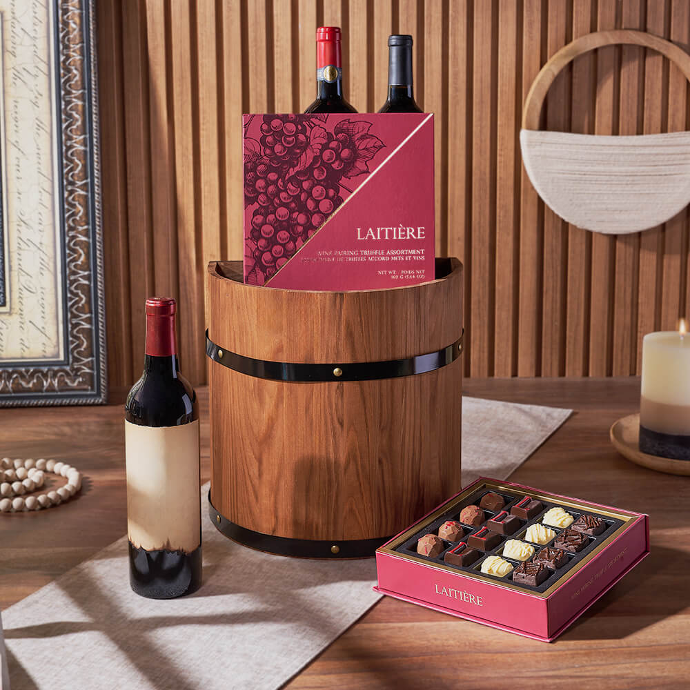 Wine Gift Basket with Truffle Assortment – how the gift is presented