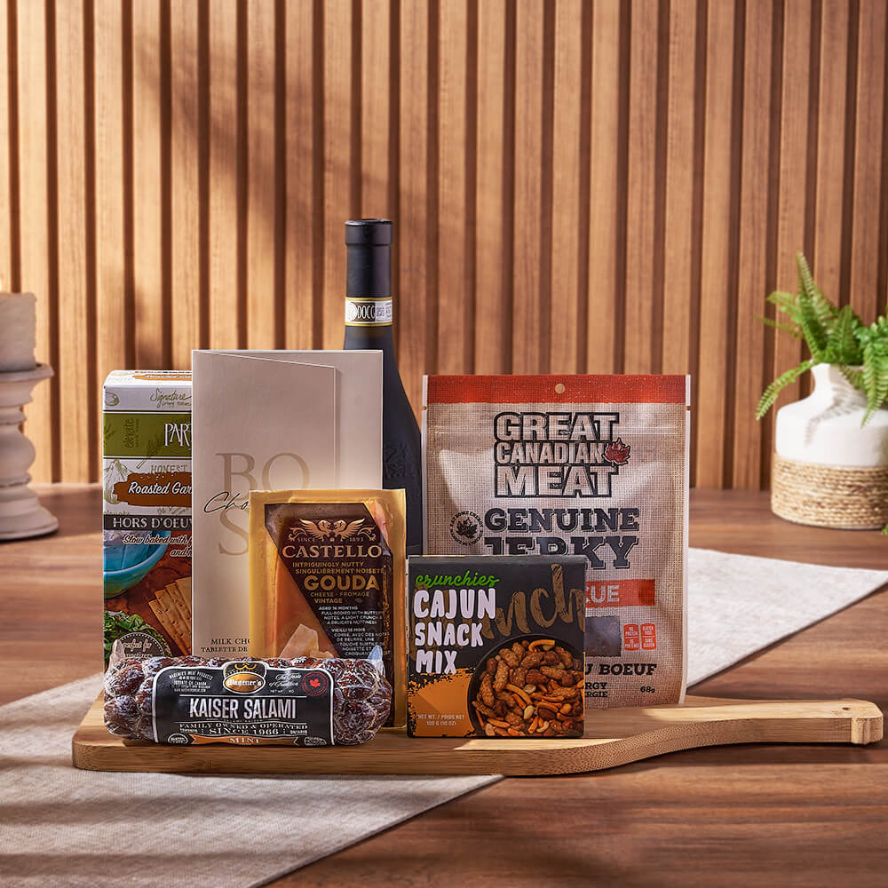 Wine &amp; Cheesy Treats Platter, wine gift, wine, cheese gift, cheese, salami gift, salami, gourmet gift, gourmet, Chicago delivery