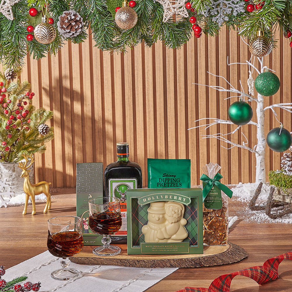 Yuletide Liquor &amp; Snack Basket, Christmas gift, Christmas, liquor gift, liquor, chocolate gift, chocolate, Chicago delivery